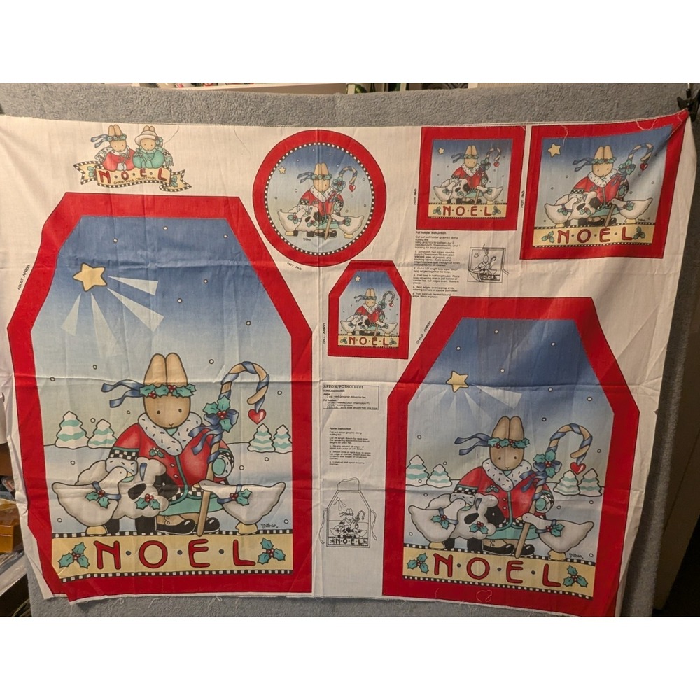 VIP CRANSTON Print Works Noel Christmas Fabric Panel Apron Potholder Bunny 36x44